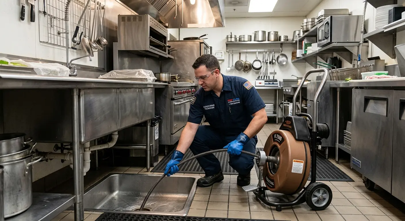 Commercial drain cleaning service in a restaurant kitchen in Addison